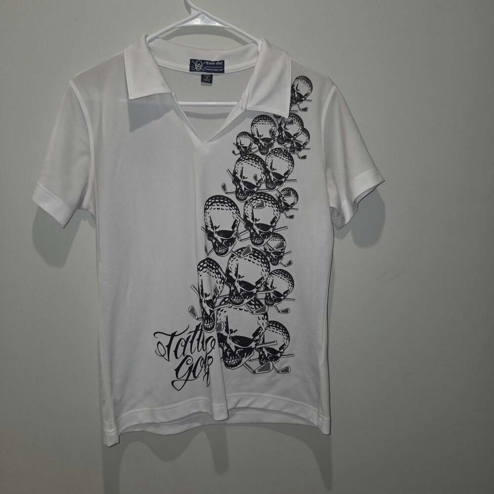 Tattoo Golf Women's White Skull Golf Polo Shirt Size M